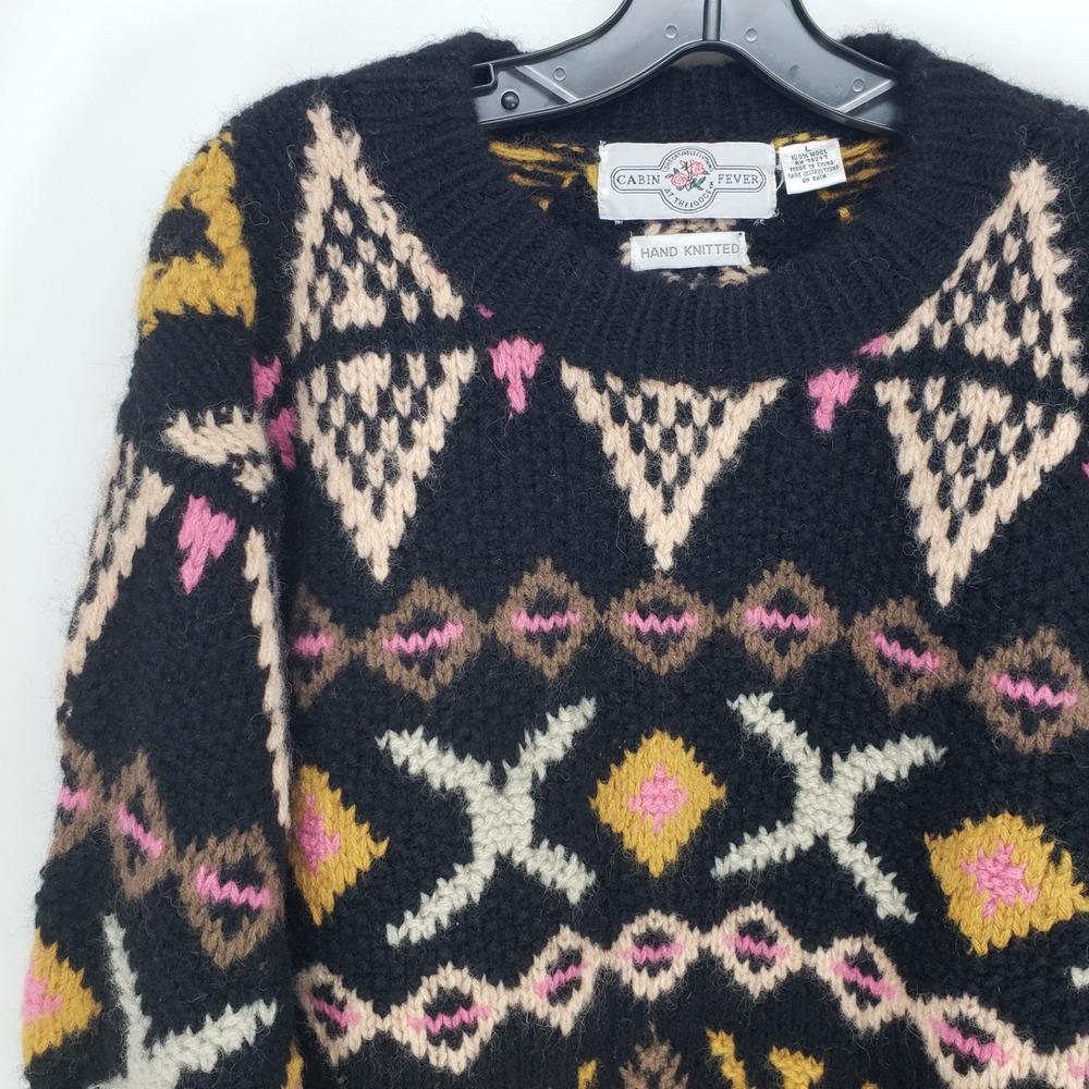 Vintage 90s Hand Knitted Wool Sweater Womens Sz Large Fair Isle Geometric Chunky - Picture 4 of 7